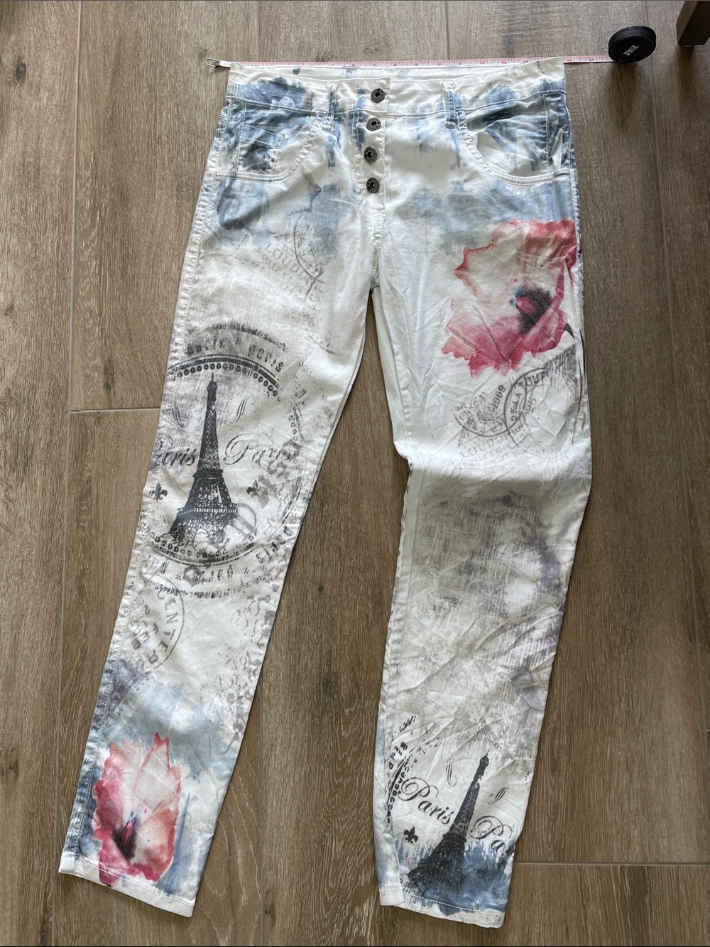 White Skinny Jeans with Pink Floral & Paris Print
